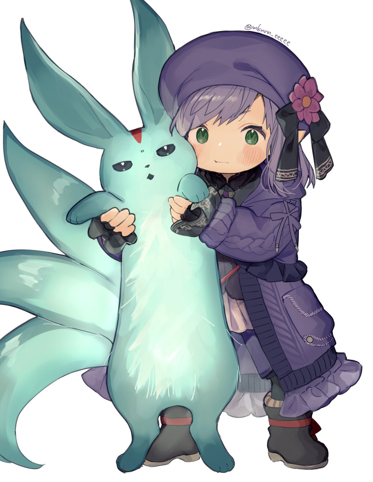 1boy animal arcanist_(final_fantasy) black_footwear black_ribbon black_shirt boots carbuncle_(final_fantasy) closed_mouth coat final_fantasy final_fantasy_xiv flower green_eyes green_fur hat hat_flower hat_ribbon highres holding holding_animal lalafell light_blush looking_at_viewer mekonu_(mknn) multiple_tails pink_flower pointy_ears purple_coat purple_hair purple_headwear ribbon shirt short_hair signature simple_background tail triangle_mouth twitter_username warrior_of_light_(ff14) white_background