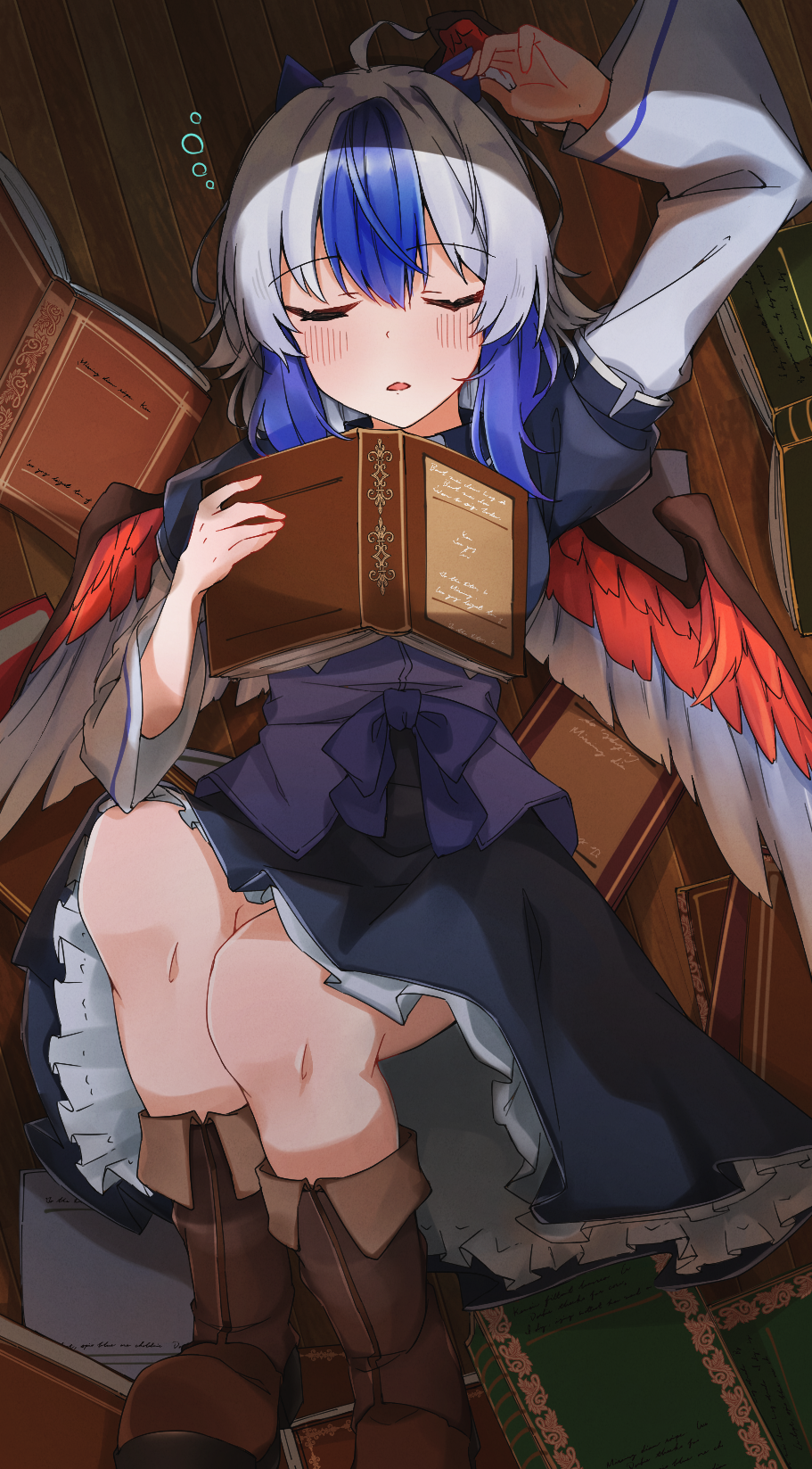1girl ahoge bird_wings black_dress blue_hair blue_horns blush book boots brown_footwear closed_eyes dress feathered_wings floor grey_hair gunsou1350 head_wings highres holding holding_book horns knee_boots layered_sleeves long_sleeves multicolored_hair open_mouth petticoat red_wings short_hair short_over_long_sleeves short_sleeves single_head_wing sleep_bubble sleeping solo tokiko_(touhou) touhou wings