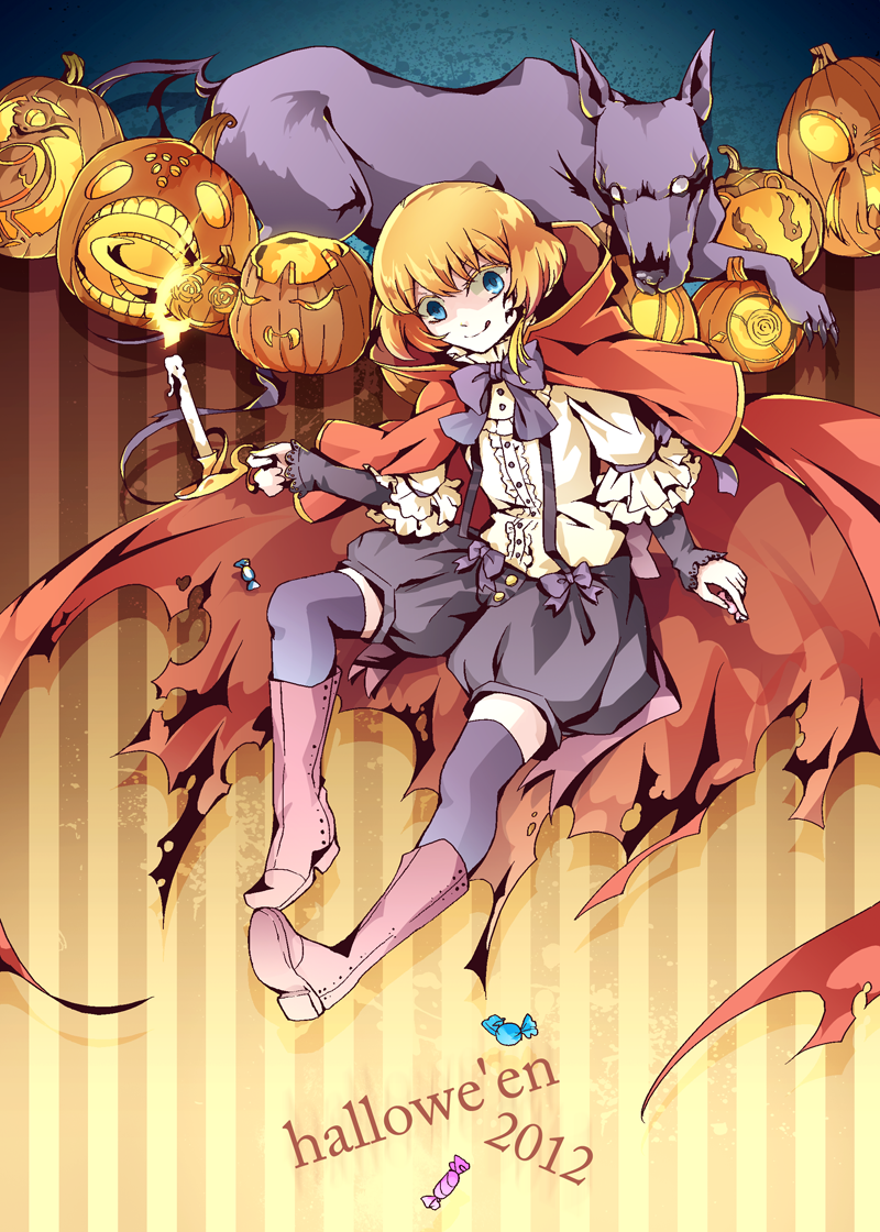 1girl :q blonde_hair blue_eyes boots bow bowtie candle candy chain_(pandora_hearts) cloak food halloween holding holding_candle hood hooded_cloak jack-o'-lantern lily_(pandora_hearts) pandora_hearts puffy_shorts purple_bow purple_bowtie red_cloak shirt shorts solo suspenders tongue tongue_out wavily white_shirt