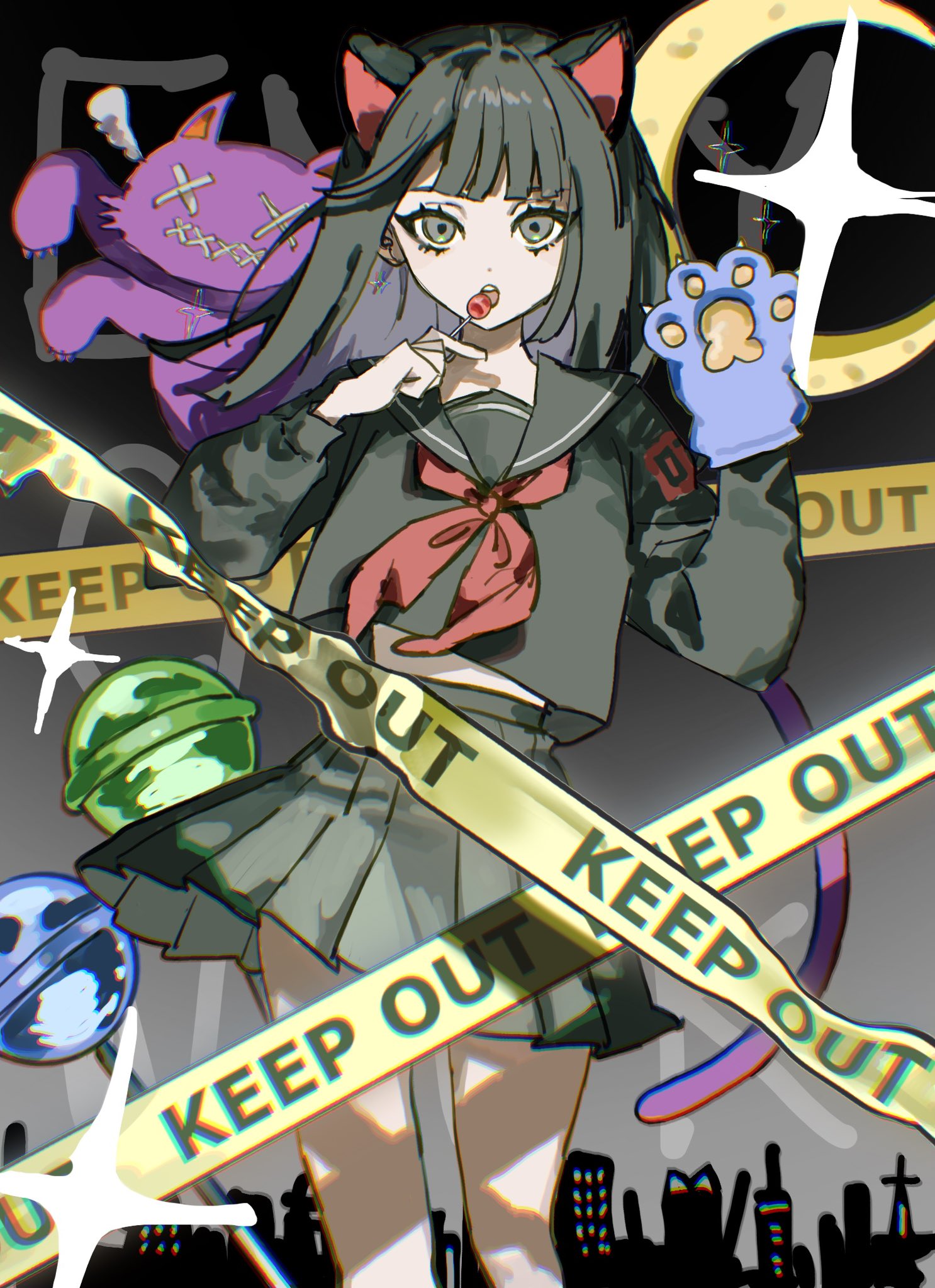 1girl :o animal_ears animal_hands black_background black_eyes black_hair black_serafuku black_shirt black_skirt blunt_bangs candy cat_ears cat_girl cat_tail caution_tape colored_inner_hair dot_nose envy_cat_walk_(vocaloid) feet_out_of_frame food gloves gradient_background grey_background highres holding holding_candy holding_food holding_lollipop inu_totemo lollipop long_bangs long_hair long_sleeves looking_at_viewer midriff_peek multicolored_hair neckerchief open_mouth paw_gloves pleated_skirt purple_hair red_neckerchief school_uniform serafuku shirt sidelocks single_glove skirt solo sparkle straight-on straight_hair stuffed_animal stuffed_cat stuffed_toy tail teeth two-tone_background two-tone_hair upper_teeth_only vocaloid wind wind_lift