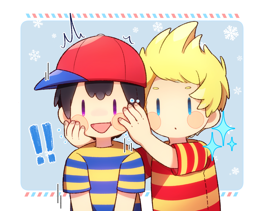 ! !! 0mzum1 2boys :d :o ^^^ baseball_cap black_hair blonde_hair blue_background blue_eyes blue_shirt blush blush_stickers border commentary_request hands_on_another's_face hands_up hat looking_at_another looking_at_viewer lucas_(mother_3) male_focus mother_(game) mother_2 mother_3 multiple_boys ness_(mother_2) open_mouth outside_border quiff red_headwear red_shirt shirt short_hair short_sleeves sideways_hat simple_background smile snowflakes sparkle striped_clothes striped_shirt t-shirt two-tone_shirt upper_body violet_eyes white_border yellow_shirt