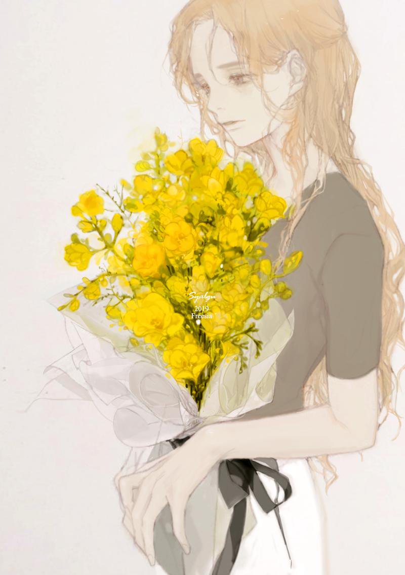 1girl 2019 blonde_hair bouquet cowboy_shot curly_hair flower forehead grey_background grey_eyes grey_shirt holding holding_bouquet long_hair looking_ahead original pale_skin parted_lips shirt short_sleeves signature simple_background skirt solo standing syalgu watermark white_skirt yellow_flower