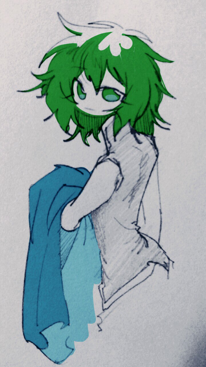 1other androgynous blue_jacket closed_mouth colored_skin graphite_(medium) green_eyes green_hair grey_shirt highres jacket len'en ling_s looking_at_viewer medium_hair mixed_media no_nose other_focus shirt shitodo_aoji sketch sleeveless sleeveless_shirt solo traditional_media unworn_jacket upper_body white_background white_skin