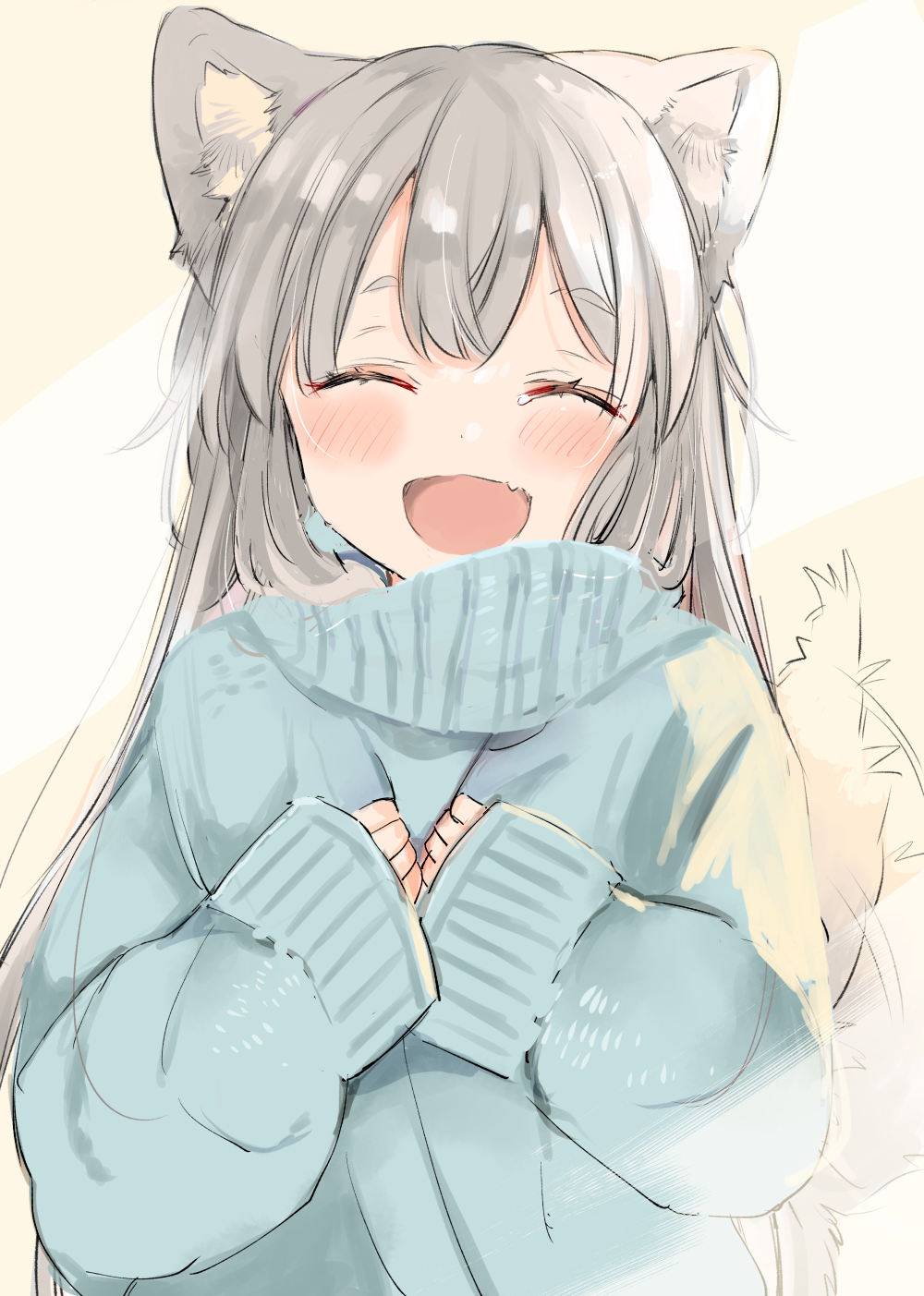 ^_^ animal_ear_fluff animal_ears blush closed_eyes eyebrows_hidden_by_hair facing_viewer fang grey_hair hair_between_eyes hands_up happy highres holding holding_clothes long_hair long_sleeves mito_(go!go!king!) open_mouth original plaid plaid_scarf ribbed_sweater scarf simple_background sleeves_past_wrists smile sweater tail tail_raised thick_eyebrows turtleneck upper_body