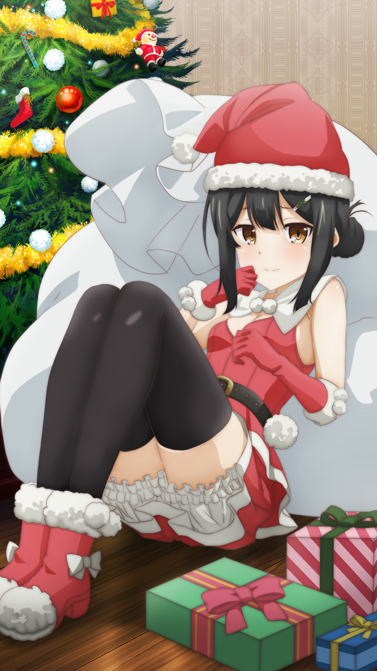 1girl belt black_belt black_hair black_thighhighs bloomers blush box breasts brown_eyes christmas_ornaments christmas_present christmas_tree cleavage closed_mouth dress elbow_gloves fate/kaleid_liner_prisma_illya fate_(series) fur-trimmed_dress fur-trimmed_footwear fur-trimmed_headwear fur_trim game_cg gift gift_box gloves hair_ornament hairclip hat highres looking_at_viewer miyu_edelfelt official_art red_dress red_footwear red_gloves red_headwear sack santa_costume santa_dress santa_hat sidelocks sitting small_breasts smile solo thigh-highs thighs third-party_source underwear white_bloomers