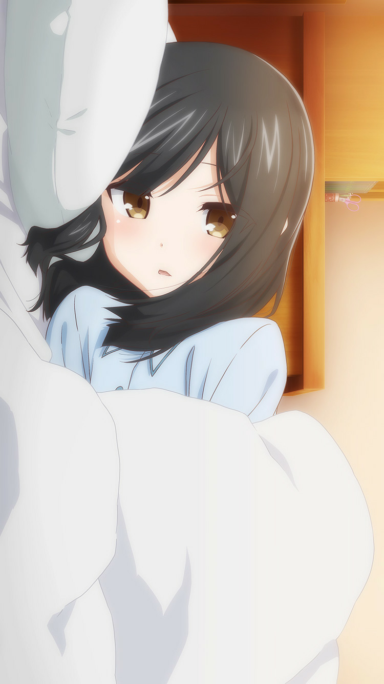 1girl bed bed_sheet bedroom black_hair blanket blue_pajamas dot_nose fate/kaleid_liner_prisma_illya fate_(series) game_cg hair_between_eyes head_on_pillow highres indoors long_hair looking_at_viewer lying miyu_edelfelt official_art on_side open_mouth pajamas solo third-party_source under_covers yellow_eyes