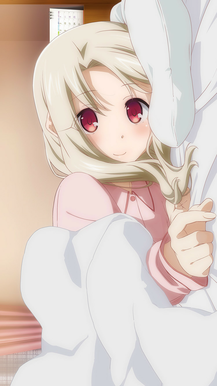 1girl bed_sheet bedroom blanket blonde_hair blush calendar_(object) closed_mouth curtains dot_nose fate/kaleid_liner_prisma_illya fate_(series) head_on_pillow highres illyasviel_von_einzbern indoors long_sleeves looking_at_viewer lying official_art on_side pajamas pink_pajamas pink_shirt red_eyes shirt smile solo straight_hair third-party_source under_covers