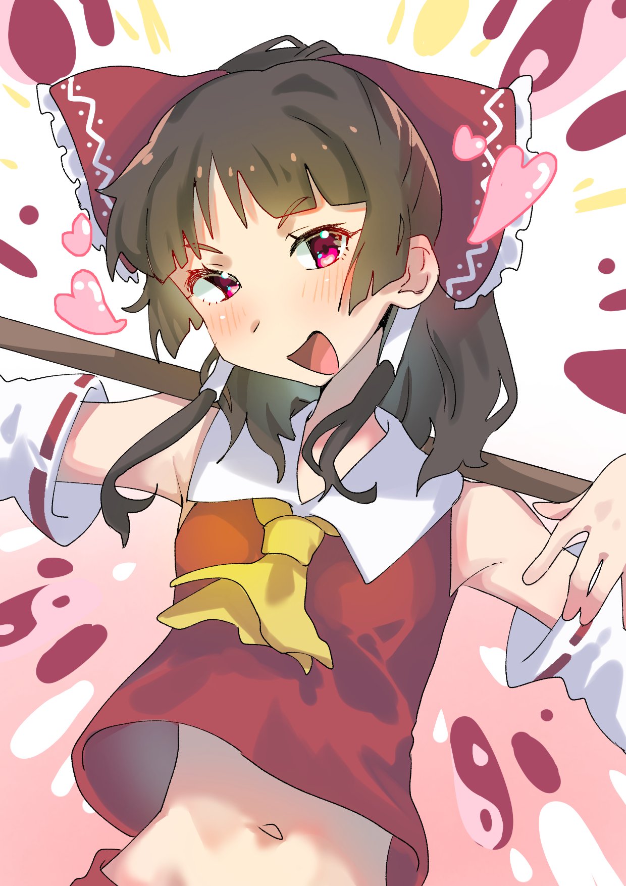 1girl abstract_background ascot blush bow breasts brown_hair collared_shirt detached_sleeves floating_clothes frilled_bow frills gradient_background hair_bow hair_tubes hakurei_reimu heart highres looking_at_viewer medium_hair midriff navel open_mouth outstretched_arms red_bow red_eyes red_shirt shirt sidelocks sleeveless sleeveless_shirt small_breasts smile sobayu_to_tenpura solo spread_arms touhou upper_body weapon_across_shoulders white_sleeves yellow_ascot yin_yang