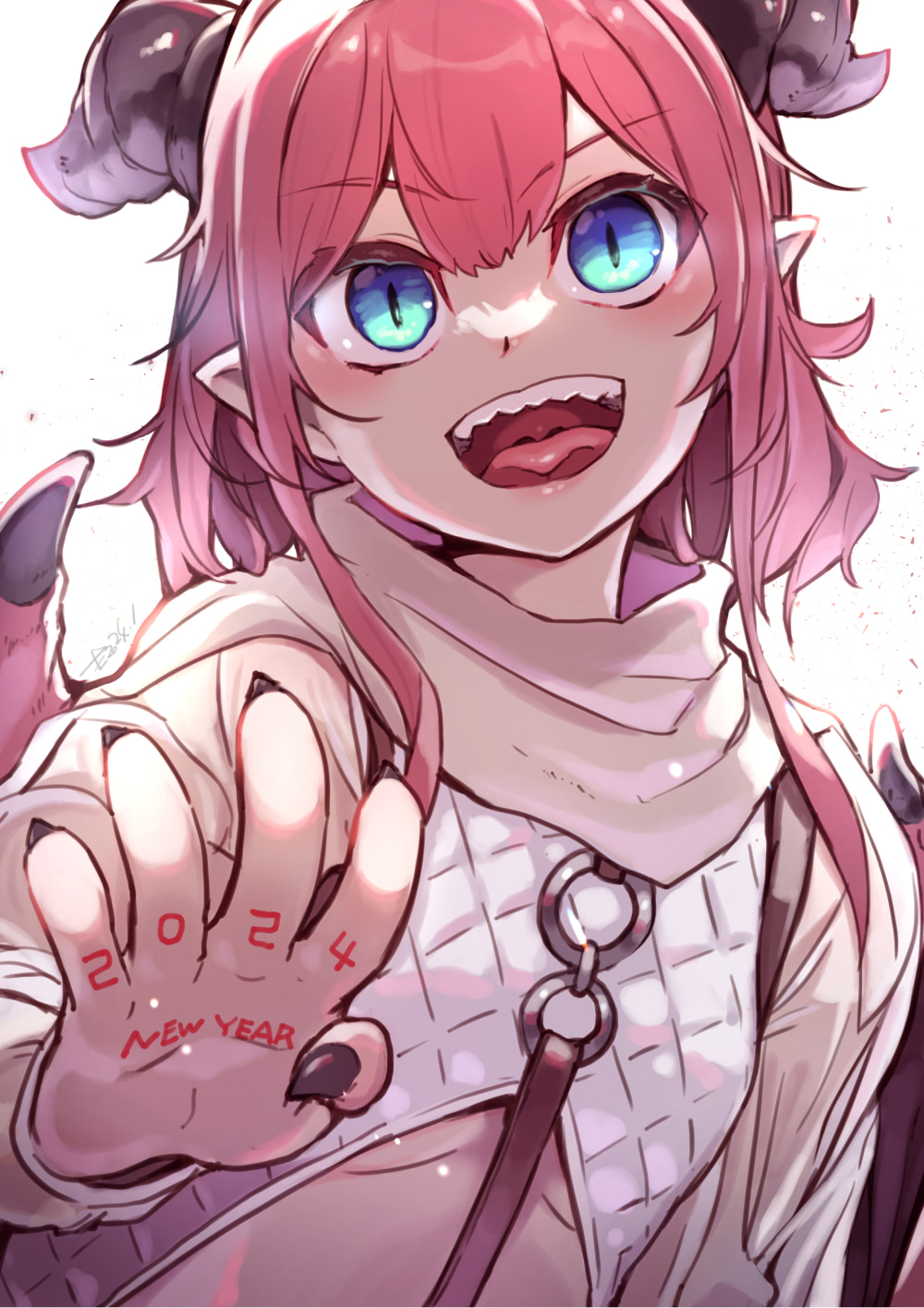 1girl 2024 :d artist_name belt black_horns black_nails blue_eyes breasts claws cropped_torso dark_skin dated dragon_girl dragon_wings highres horns jewelry light_blush looking_at_viewer medium_hair monster_girl myuutau_tadakichi original outstretched_hand pink_hair pointy_ears quilted_clothes ring scarf sharp_teeth slit_pupils small_breasts smile solo teeth tongue under_boob uvula white_background white_scarf wings