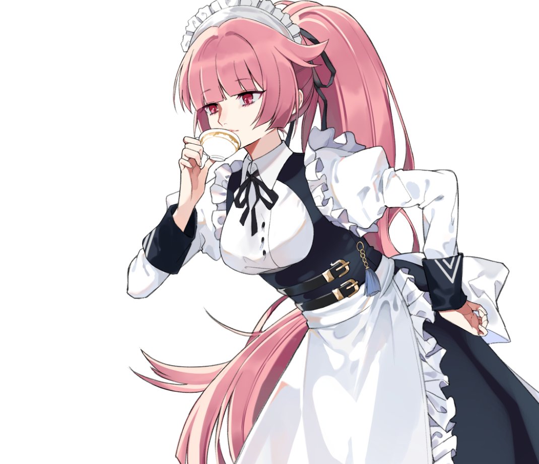 1girl anti-materiel_rifle apron black_dress black_ribbon blunt_bangs breasts cup dress drinking frills girls_frontline gun hair_ribbon hand_on_own_hip holding holding_cup juliet_sleeves knee_up long_hair long_sleeves lyps maid maid_headdress ntw-20 ntw-20_(girls'_frontline) ntw-20_(the_aristocrat_experience)_(girls'_frontline) official_alternate_costume pink_eyes pink_hair ponytail puffy_sleeves ribbon rifle simple_background sniper_rifle solo very_long_hair weapon white_background