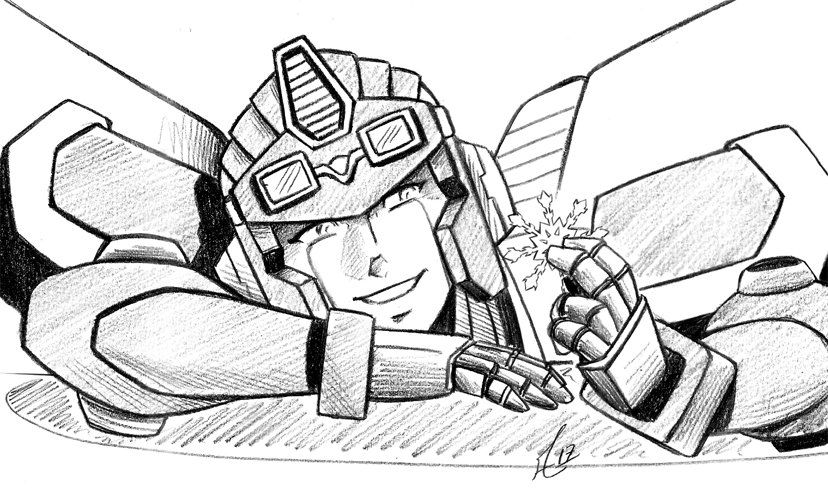 1girl anode_(transformers) armor btfly009 goggles helmet humanoid_robot looking_at_object mechanical_wings monochrome robot robot_girl shoulder_armor snowflakes solo the_transformers_(idw) traditional_media transformers wings
