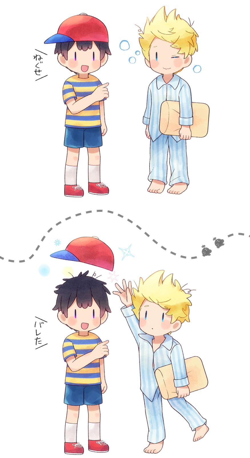 0mzum1 2boys :d :o barefoot baseball_cap black_hair blonde_hair blue_eyes blue_pajamas blue_pants blue_shirt blue_shorts blush blush_stickers closed_mouth collared_shirt commentary_request doseisan dotted_line feet hand_up hat highres holding holding_pillow index_finger_raised long_sleeves lucas_(mother_3) male_focus messy_hair mother_(game) mother_2 mother_3 multiple_boys multiple_views ness_(mother_2) one_eye_closed open_mouth pajamas pants pillow pointing pointing_at_another quiff red_footwear red_headwear shirt shoes short_hair short_sleeves shorts sideways_hat simple_background sleep_bubble sleepy smile socks standing striped_clothes striped_pajamas striped_pants striped_shirt t-shirt telekinesis toes translation_request two-tone_shirt violet_eyes wavy_mouth white_background white_socks yellow_shirt