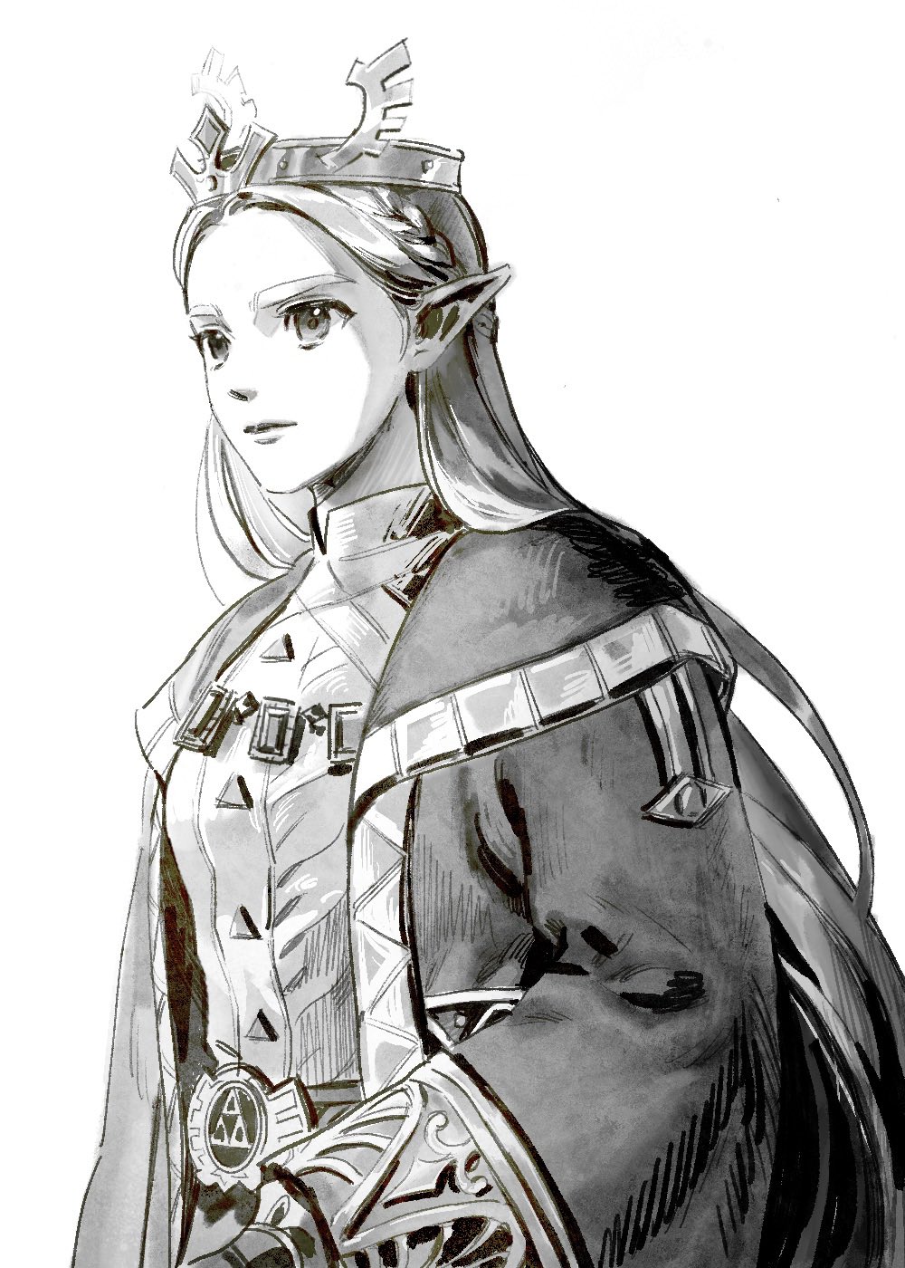 1girl belt braid closed_mouth coat crown crown_braid formal gkfdlfdjqtdma hair_behind_ear highres jewelry long_hair long_sleeves looking_ahead necklace parted_bangs pointy_ears princess_zelda simple_background solo the_legend_of_zelda the_legend_of_zelda:_breath_of_the_wild triforce upper_body
