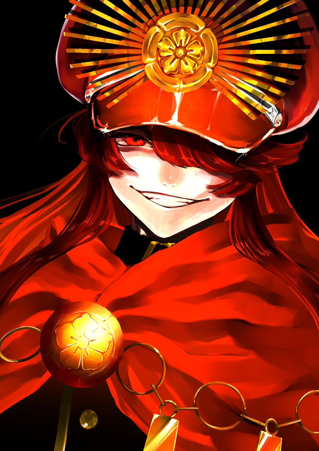 1girl black_background black_shirt cape close-up evil_smile family_crest fate/grand_order fate_(series) flower hair_over_one_eye hat highres long_hair looking_at_viewer medallion military_hat military_uniform oda_nobunaga_(fate) oda_nobunaga_(maou_avenger)_(fate) oda_uri peaked_cap red_eyes redhead shaded_face shirt sidelocks smile solo uniform upper_body urup_zzz
