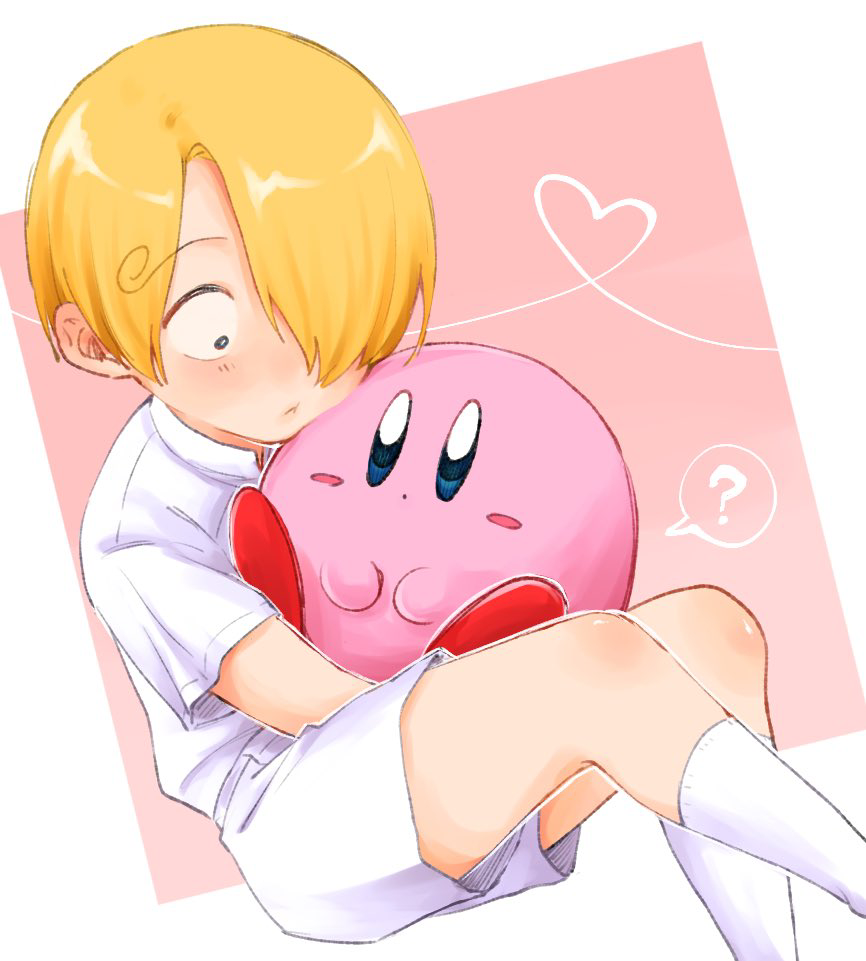 1boy ? aged_down blonde_hair blue_eyes blush colored_skin commentary confused curly_eyebrows feet_out_of_frame heart holding kirby kirby_(series) kurimaron nintendo one_eye_covered one_piece pants pink_background pink_skin sanji_(one_piece) shirt simple_background sitting socks thigh-highs white_pants white_shirt white_socks white_thighhighs wide-eyed