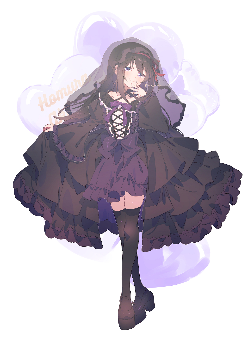 1girl akemi_homura alternate_costume black_dress black_hair black_thighhighs blush bow brown_footwear closed_mouth collarbone cross-laced_clothes dress frilled_dress frilled_sleeves frills full_body gothic_lolita hair_ribbon hairband highres juliet_sleeves loafers lolita_fashion long_hair long_sleeves looking_at_viewer mahou_shoujo_madoka_magica mahou_shoujo_madoka_magica_(anime) paru_rari puffy_sleeves purple_ribbon red_ribbon ribbon shoes simple_background skirt_hold smile solo standing thigh-highs veil violet_eyes white_background wide_sleeves zettai_ryouiki
