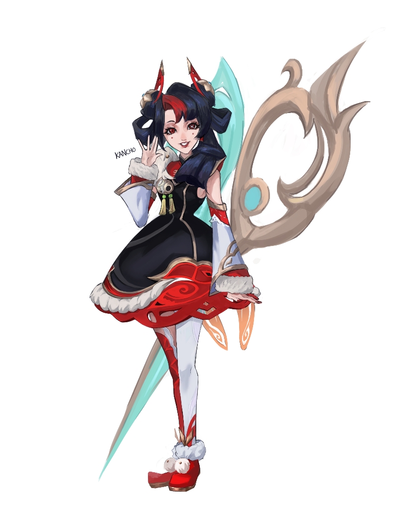 1girl artist_name black_dress black_hair detached_sleeves double_bun dress full_body fur-trimmed_sleeves fur_trim grin gwen_(league_of_legends) hair_bun hair_ornament hand_up holding holding_scissors kancho_(kan_cho) league_of_legends long_hair long_sleeves multicolored_hair red_eyes red_footwear red_lips redhead scissors single_leg_pantyhose single_thighhigh smile solo standing teeth thigh-highs two-tone_hair