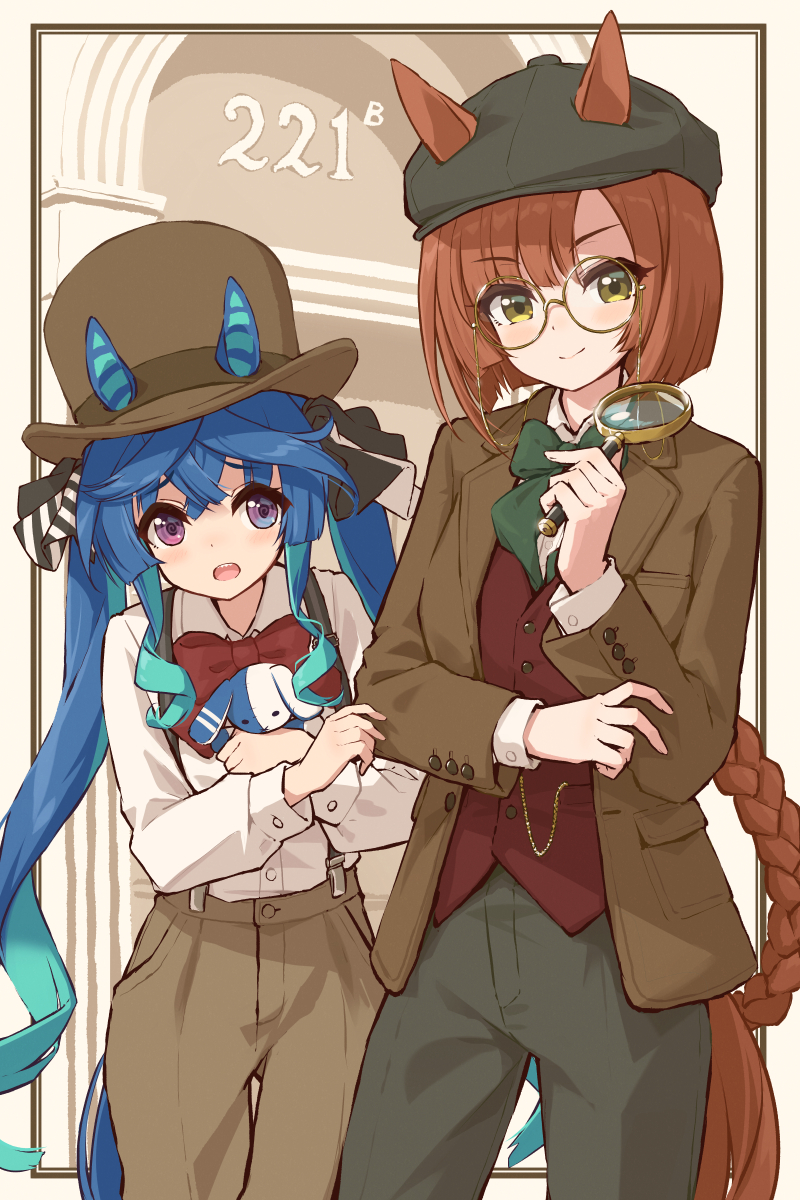 2girls @_@ alternate_costume animal_ears aqua_hair blue_eyes blue_hair blunt_ends bob_cut border bow bowler_hat bowtie braid brown_headwear brown_jacket brown_pants buttoned_cuffs cabbie_hat chain closed_mouth collared_shirt commentary cowboy_shot crossed_bangs detective ears_through_headwear eyewear_strap gold_chain grabbing_another's_arm green_bow green_bowtie green_headwear green_pants hair_bow hand_up hat heterochromia highres holding holding_magnifying_glass holding_stuffed_toy horse_ears horse_girl horse_tail ikuno_dictus_(umamusume) jacket lapels light_blush long_hair long_sleeves looking_at_another looking_at_viewer magnifying_glass mikuru_ism multicolored_hair multiple_girls notched_lapels open_clothes open_jacket open_mouth outside_border pants raised_eyebrows red_bow red_bowtie red_vest round_eyewear sepia_background shirt shirt_tucked_in sidelocks single_braid smile striped_bow stuffed_animal stuffed_rabbit stuffed_toy suspenders tail twin_turbo_(umamusume) twintails two-tone_hair umamusume very_long_hair vest violet_eyes white_shirt yellow-framed_eyewear yellow_eyes