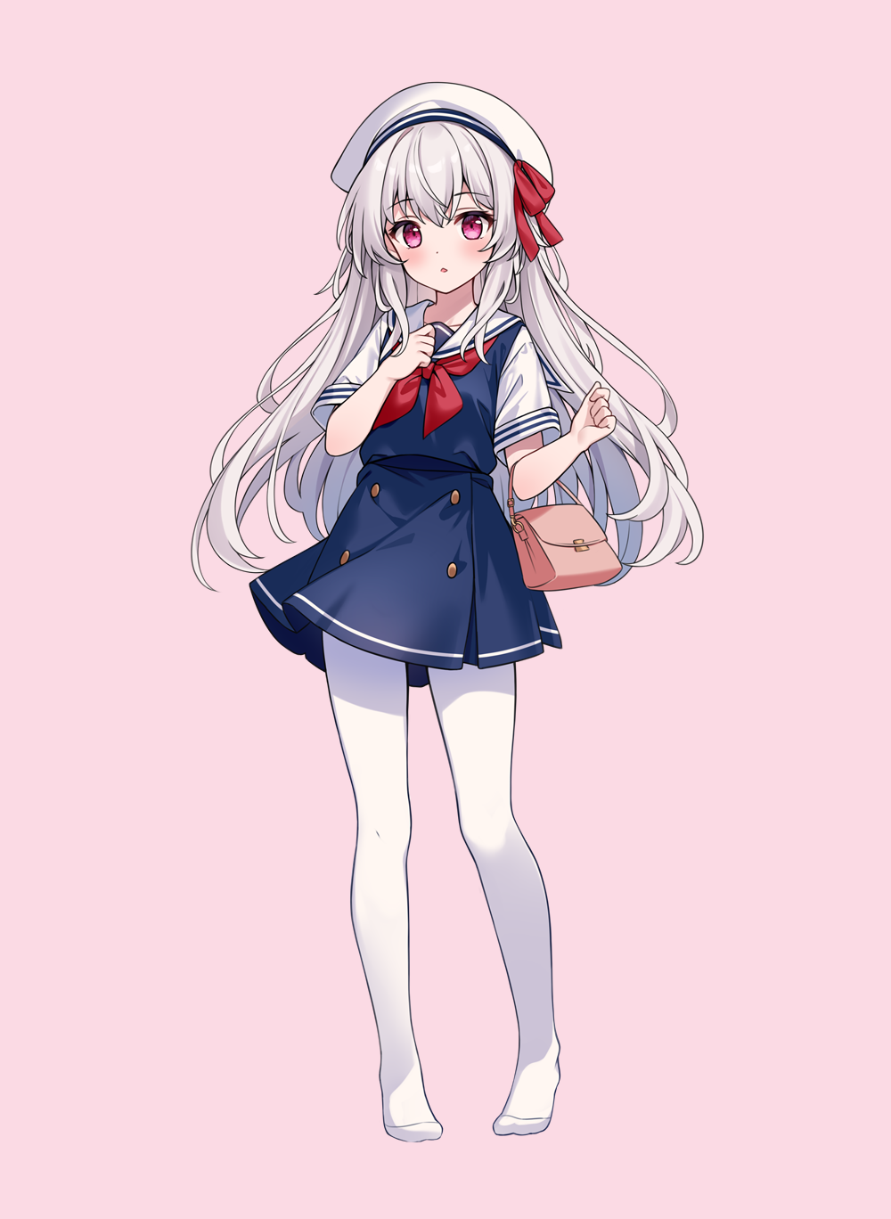 1girl bag beret blue_dress blush bow clara_(honkai:_star_rail) dress full_body hair_between_eyes handbag hands_up hat hat_bow highres hitsukuya honkai:_star_rail honkai_(series) long_hair looking_at_viewer neckerchief no_shoes pantyhose parted_lips pink_background pleated_dress red_bow red_eyes red_neckerchief sailor_collar sailor_dress short_sleeves simple_background sleeveless sleeveless_dress solo standing very_long_hair white_hair white_headwear white_pantyhose white_sailor_collar