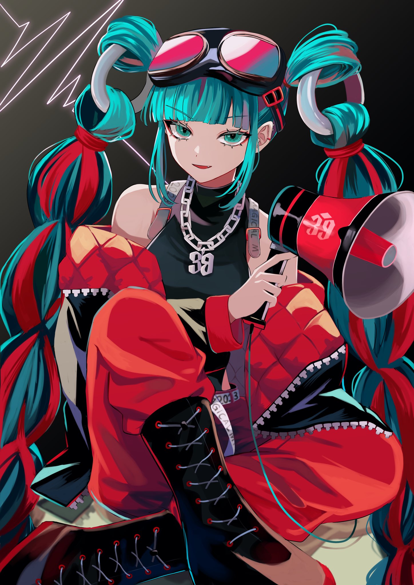 1girl :d bare_shoulders black_background black_footwear black_jacket black_shirt blue_eyes blue_hair boots cardiogram chain_necklace cross-laced_footwear foreshortening full_body goggles goggles_on_head hatsune_miku highres holding holding_megaphone jacket jewelry knee_up lace-up_boots long_bangs long_sleeves magical_mirai_(vocaloid) magical_mirai_miku magical_mirai_miku_(2023) megaphone naguno-0713 necklace off_shoulder open_clothes open_jacket open_mouth pants quilted_jacket red_jacket red_pants shirt sidelocks simple_background sitting sleeveless sleeveless_shirt smile solo twintails two-sided_fabric two-sided_jacket v-shaped_eyebrows vocaloid