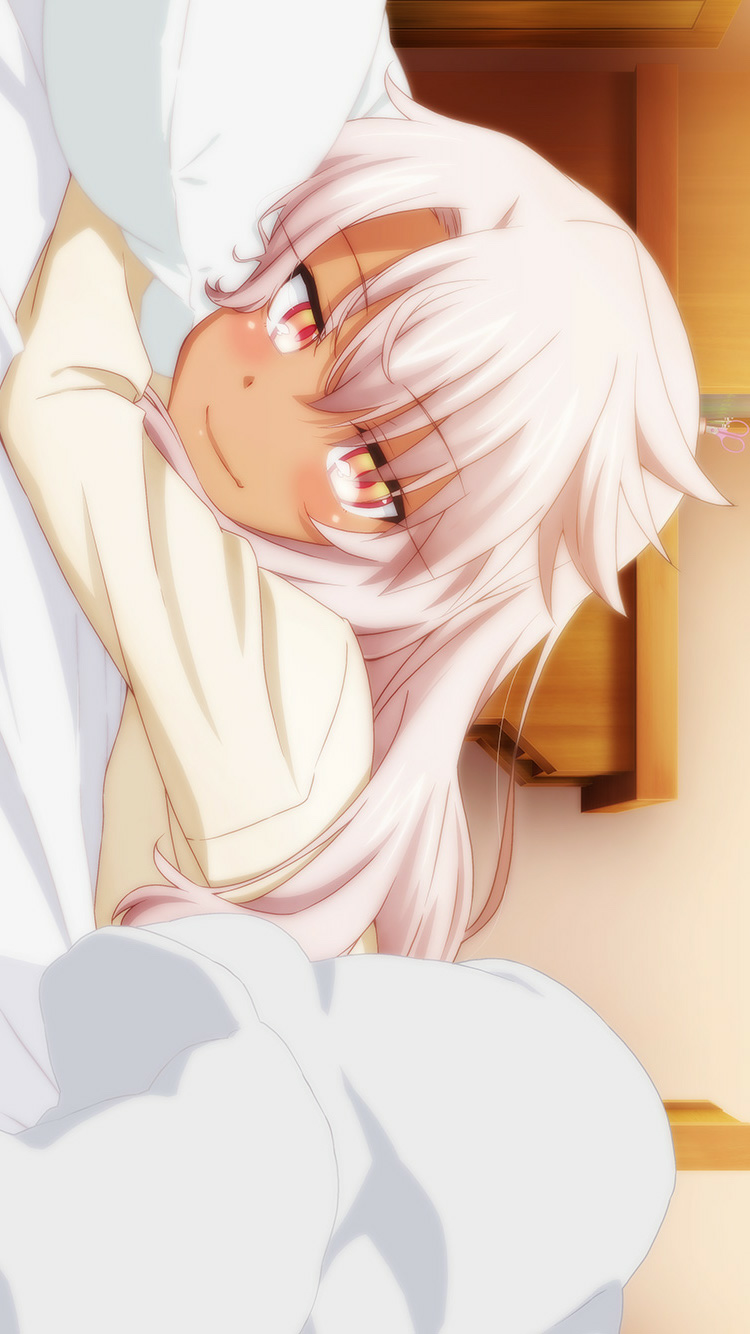 1girl bed_sheet blanket blush chloe_von_einzbern closed_mouth dark-skinned_female dark_skin fate/kaleid_liner_prisma_illya fate_(series) flat_chest game_cg hair_between_eyes head_on_pillow highres indoors light_smile long_hair long_sleeves looking_at_viewer lying official_art on_stomach pajamas pillow pink_hair red_pupils shirt sidelocks solo straight_hair third-party_source under_covers white_pajamas white_shirt yellow_eyes