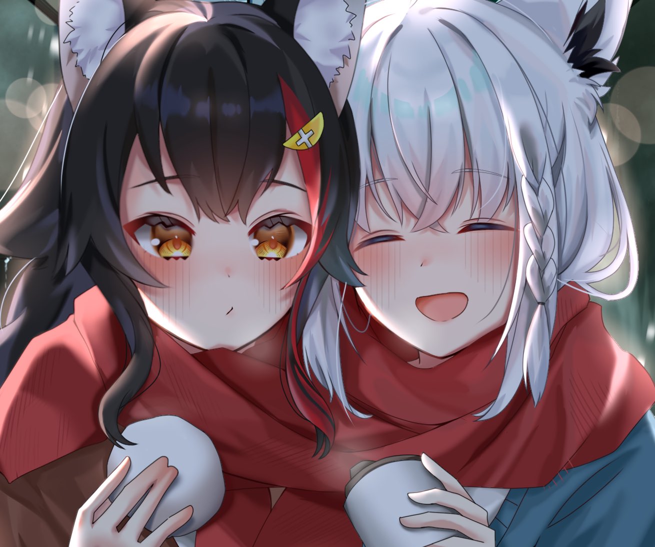 2girls animal_ear_fluff animal_ears black_hair blush braid closed_eyes commentary_request cup food fox_ears fox_girl hair_between_eyes holding holding_cup holding_food hololive looking_at_viewer multicolored_hair multiple_girls ookami_mio open_mouth pout red_scarf redhead scarf shirakami_fubuki sidelocks single_braid streaked_hair umi_budou0728 virtual_youtuber white_hair wolf_ears wolf_girl yellow_eyes