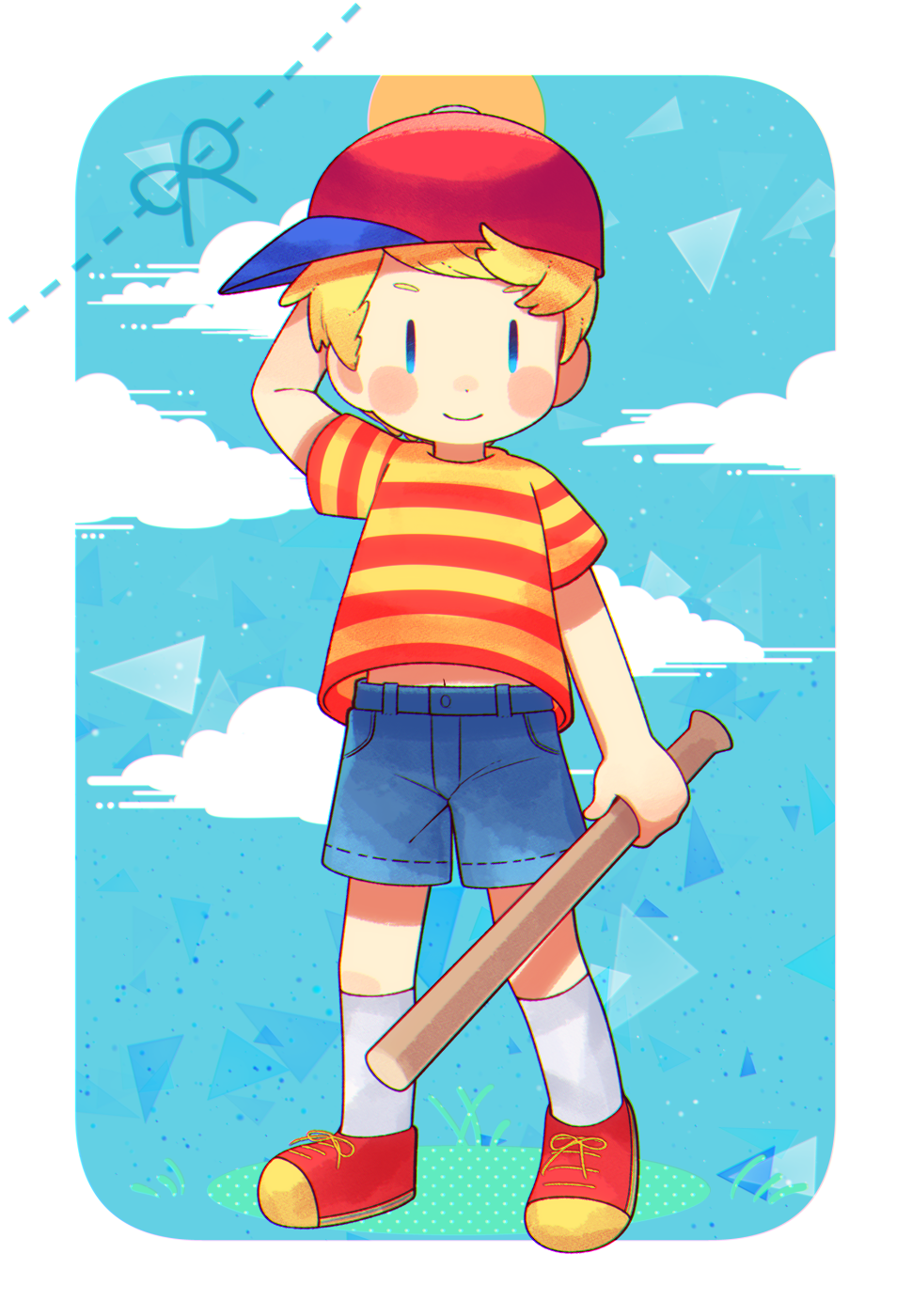 0mzum1 1boy arm_behind_head arm_up baseball_bat baseball_cap blonde_hair blue_background blue_eyes blue_shorts blue_sky blush blush_stickers border closed_mouth clouds commentary_request grass hat highres holding holding_baseball_bat looking_at_viewer lucas_(mother_3) male_focus mother_(game) mother_3 outside_border red_footwear red_headwear red_shirt shirt shoes short_hair short_sleeves shorts sideways_hat simple_background sky smile socks solo standing striped_clothes striped_shirt sun t-shirt triangle two-tone_shirt white_border white_socks yellow_shirt