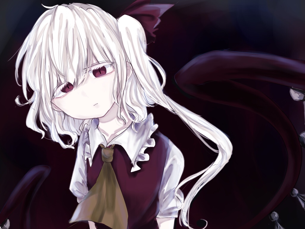 1girl albino ascot bow collarbone collared_shirt dark_background flandre_scarlet frilled_shirt_collar frills hair_bow head_tilt kuromame1025 long_hair looking_at_viewer one_side_up puffy_short_sleeves puffy_sleeves red_bow red_eyes red_vest shirt short_sleeves solo touhou upper_body vest white_hair white_shirt wings yellow_ascot