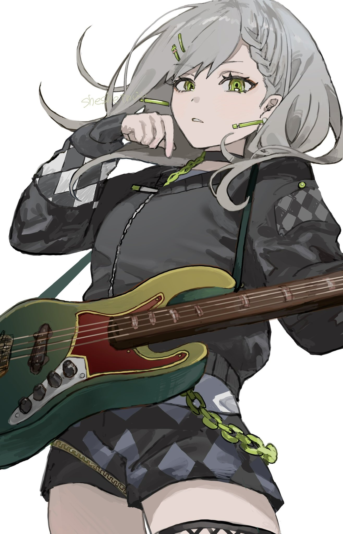 1girl argyle argyle_shorts argyle_sweater belt black_choker black_shorts black_sweater braid breasts chain_belt choker closed_mouth commentary_request cowboy_shot electric_guitar green_eyes grey_hair guitar hair_ornament hairpin hand_up highres hinomori_shiho holding holding_instrument instrument inu_totemo legs_apart long_hair long_sleeves looking_at_viewer loose_belt medium_breasts parted_bangs parted_lips project_sekai shorts simple_background solo sweater teeth thick_thighs thighs v-neck white_background