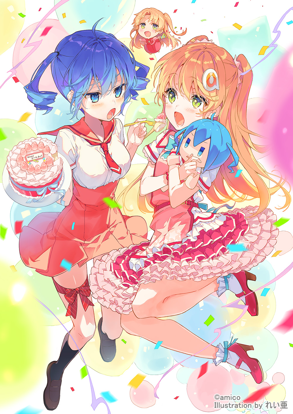 3girls ahoge amiami_(company) amico black_socks blue_eyes blue_hair blush breasts brown_footwear cake commentary_request copyright_name dress drill_hair english_commentary feeding food fork frilled_dress frills full_body green_eyes hair_ornament happy_birthday high-waist_skirt high_heels highres holding holding_cake holding_food holding_fork holding_stuffed_toy leg_ribbon lilco loafers logo_hair_ornament long_hair medium_breasts mixed-language_commentary multiple_girls open_mouth orange_hair pink_dress pink_footwear pink_sailor_collar pink_skirt pleated_skirt red_ribbon reia ribbon sailor_collar shirt shirt_tucked_in shoes short_hair skirt socks star_(symbol) star_in_eye striped_ribbon stuffed_toy symbol_in_eye thigh_ribbon twin_drills twintails two_side_up white_shirt white_socks