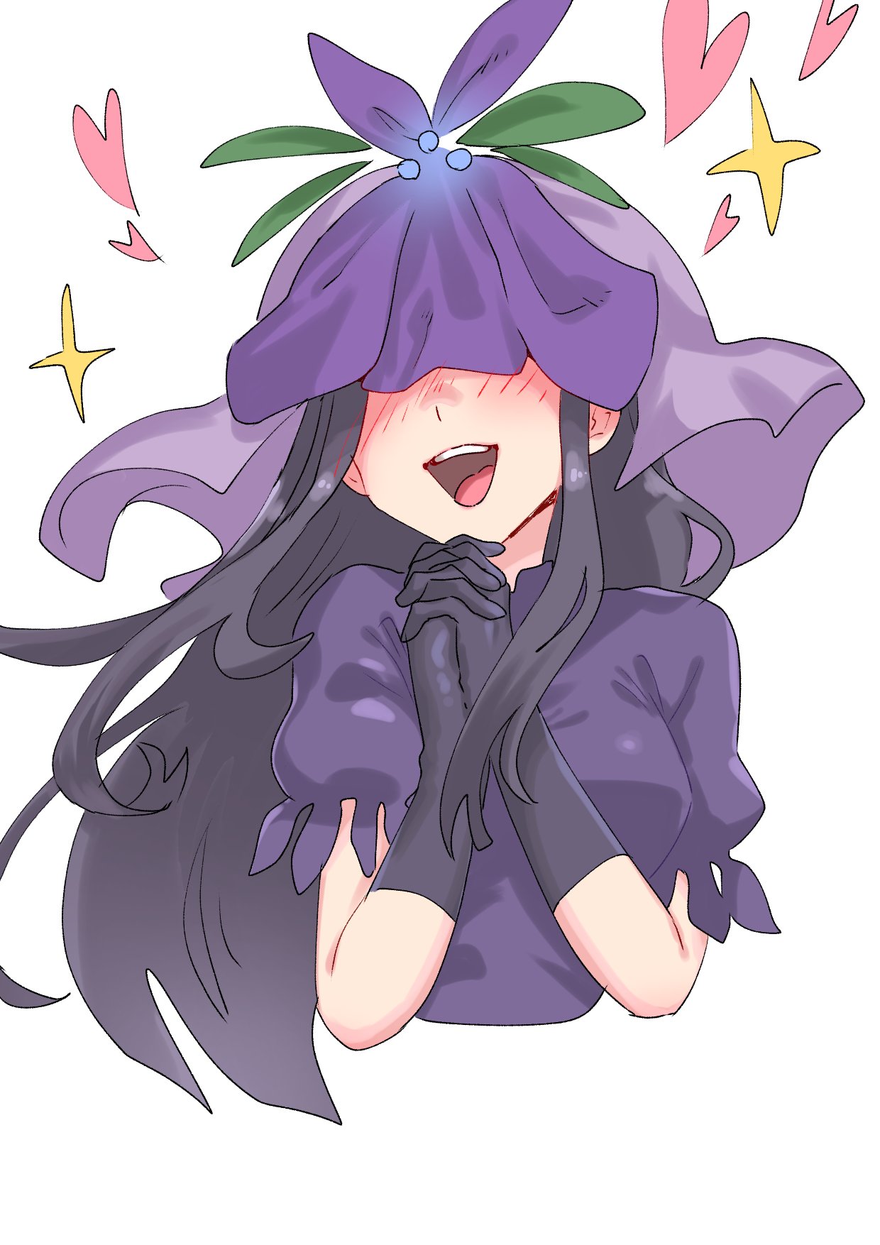 1girl black_gloves black_hair blush commentary_request covered_eyes cropped_torso facing_viewer flower gloves hair_flower hair_ornament heart highres long_hair open_mouth own_hands_clasped own_hands_together purple_shirt purple_veil shirt simple_background smile sobayu_to_tenpura solo sparkle teeth touhou upper_teeth_only veil white_background yomotsu_hisami