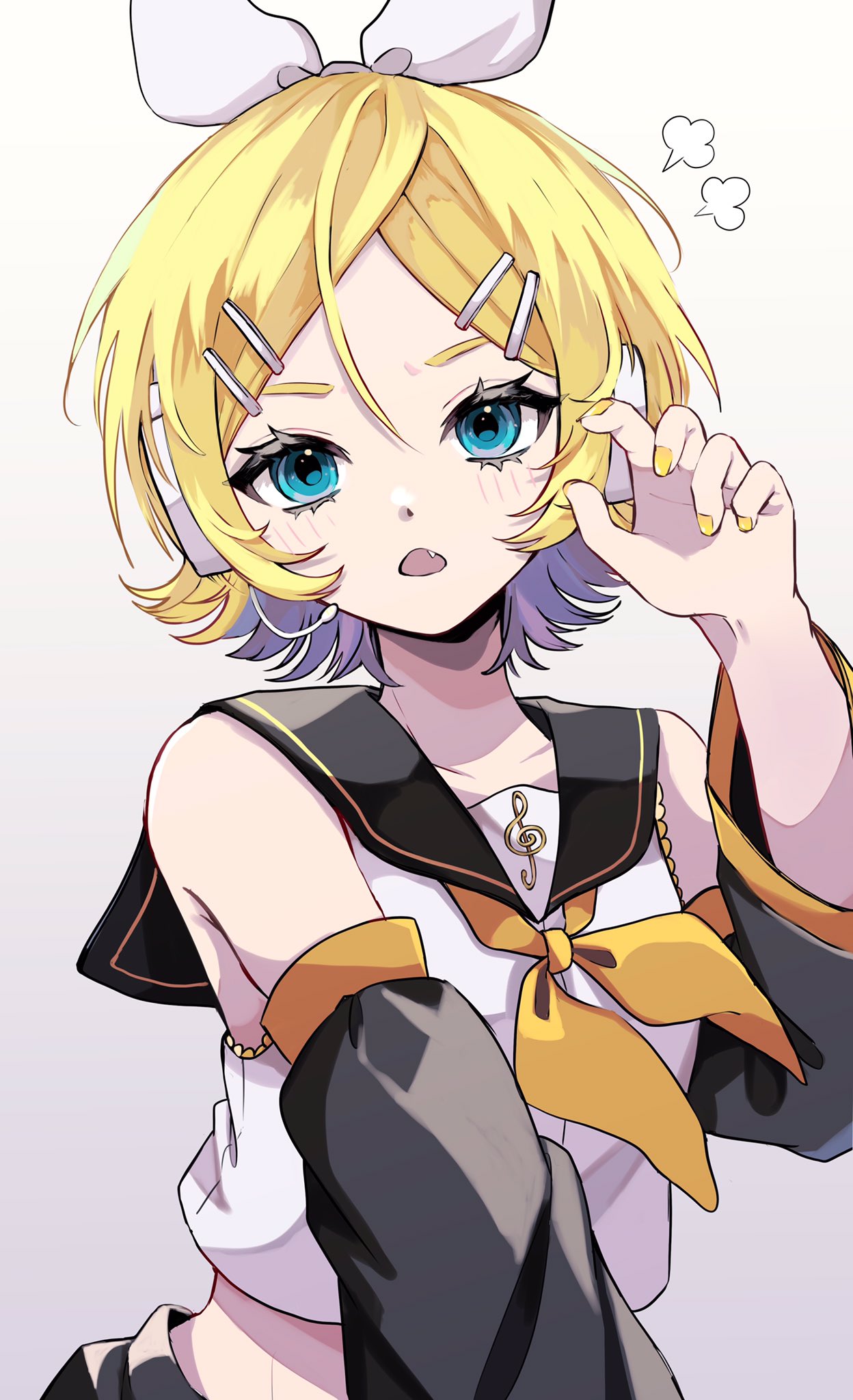 1girl :o bare_shoulders black_sailor_collar black_shorts black_sleeves blonde_hair blue_eyes blush bow cowboy_shot detached_sleeves dot_nose fang hair_bow hand_up headset highres kagamine_rin long_sleeves looking_at_viewer microphone midriff naguno-0713 nail_polish neckerchief open_mouth outstretched_arm parted_bangs puff_of_air sailor_collar school_uniform serafuku shirt short_hair shorts sidelocks simple_background sleeveless sleeveless_shirt solo stomach treble_clef vocaloid white_background white_bow white_shirt yellow_nails yellow_neckerchief