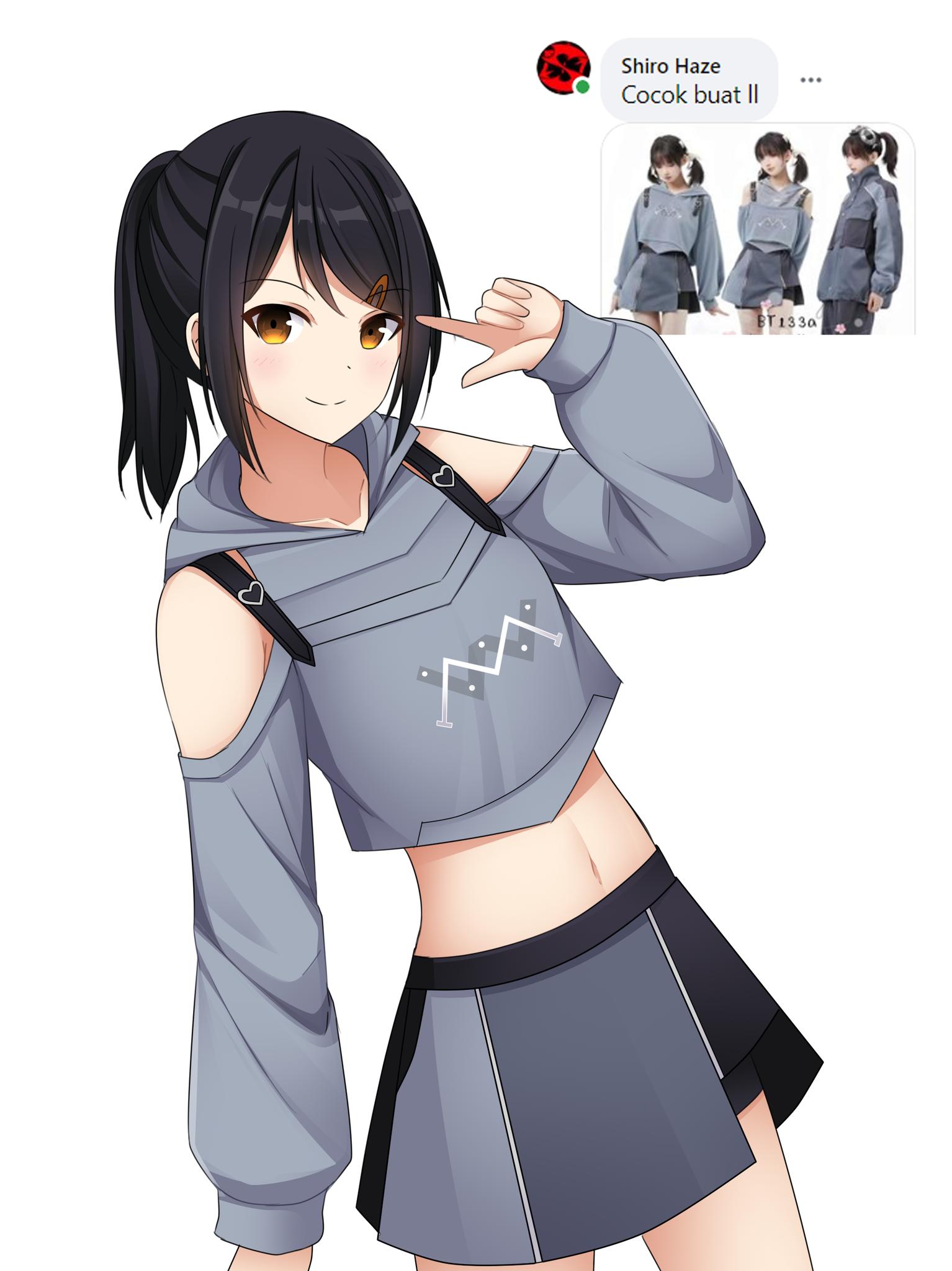 1girl closed_mouth clothing_cutout cropped_hoodie facebook fimi_artworks grey_jacket grey_skirt hair_ornament hairclip highres hood hood_down hoodie indonesian_commentary jacket long_sleeves looking_at_viewer medium_hair midriff navel orange_eyes original photo_inset pointing pointing_at_self ponytail reference_inset shoulder_cutout sidelocks skirt smile swept_bangs translation_request upper_body white_background