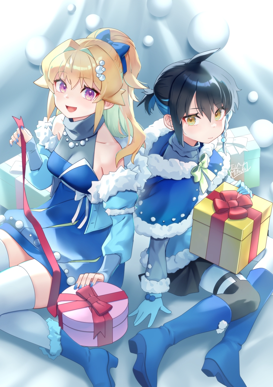 2girls :d ahoge bare_shoulders black_hair black_skirt blonde_hair blue_bow blue_capelet blue_dress blue_footwear blue_gloves blue_hair blue_nails boots bow box braid capelet christmas dress fur-trimmed_capelet fur-trimmed_dress fur-trimmed_footwear fur_trim gift gift_box gloves green_bow hair_intakes hair_ornament highres looking_at_viewer mitake_eil multicolored_hair multiple_girls original ponytail red_bow red_ribbon ribbon short_ponytail side_braid sidelocks skirt smile thigh-highs two-tone_hair violet_eyes white_thighhighs yellow_eyes