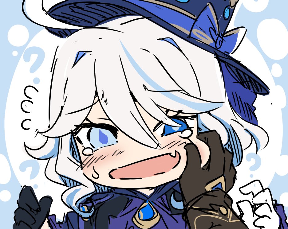 1boy 1girl aether_(genshin_impact) aged_down ahoge ascot asymmetrical_gloves black_ascot black_gloves blue_eyes cheek_pinching drop-shaped_pupils flying_sweatdrops furina_(genshin_impact) genshin_impact gloves hair_between_eyes hand_on_another's_cheek hand_on_another's_face hat heterochromia kodona lolita_fashion long_sleeves looking_at_viewer medium_hair mismatched_gloves mismatched_pupils multicolored_hair out_of_frame pinching pov pov_hands sesield sidelocks simple_background sketch streaked_hair symbol-shaped_pupils tearing_up top_hat two-tone_hair wavy_hair white_hair