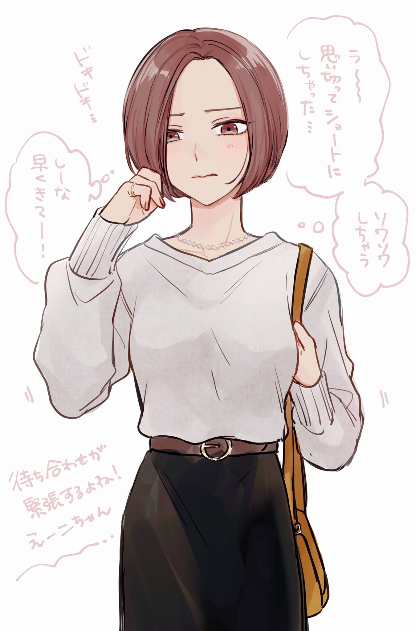 1girl adjusting_hair bag belt black_skirt blush brown_bag brown_belt brown_eyes brown_hair closed_mouth highres jewelry kyoi_hey long_sleeves looking_at_viewer necklace original parted_bangs pencil_skirt ring shirt short_hair shoulder_bag skirt solo standing thought_bubble translation_request upper_body white_background white_shirt