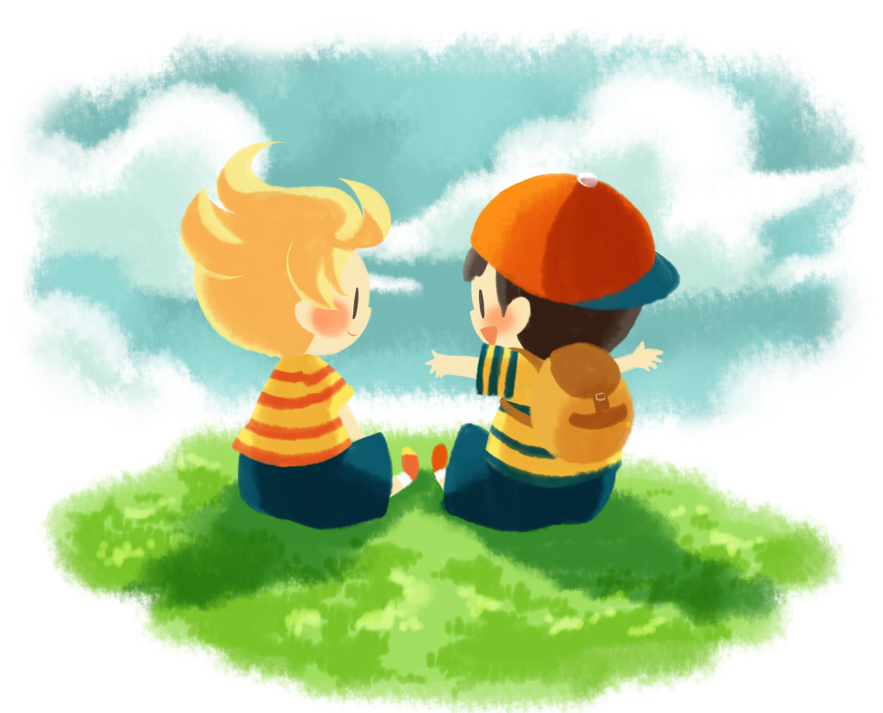 2boys baseball_cap blonde_hair blue_shorts blush_stickers brown_bag clouds full_body hat hitofutarai looking_at_another lucas_(mother_3) male_focus mother_(game) mother_2 mother_3 multiple_boys ness_(mother_2) on_grass open_mouth orange_footwear outdoors outstretched_arms red_headwear shirt short_sleeves shorts sideways_hat sitting socks solid_oval_eyes spread_arms striped_clothes striped_shirt white_socks