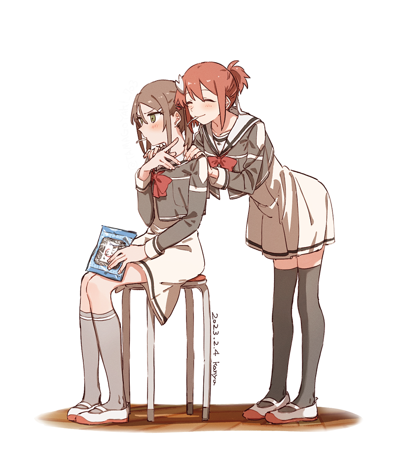 2girls blush bow bowtie brown_eyes brown_hair closed_eyes collarbone dated dress food_in_mouth grey_socks grey_thighhighs hands_on_another's_shoulders kanya_(asa_yake01) kneehighs long_sleeves miyoshi_karin multiple_girls red_bow red_bowtie red_headwear sanshuu_middle_school_uniform school_uniform sidelocks sitting sleeve_cuffs socks thigh-highs v-shaped_eyebrows white_background white_dress white_footwear winter_uniform yuuki_yuuna yuuki_yuuna_wa_yuusha_de_aru yuusha_de_aru