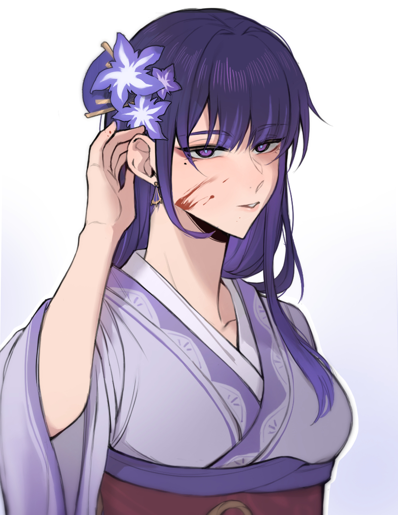 1girl blood blood_on_face blue_background breasts earrings floccioes genshin_impact gradient_background hand_up japanese_clothes jewelry kimono long_hair medium_breasts obi purple_hair purple_kimono raiden_shogun red_sash sash solo upper_body violet_eyes white_background