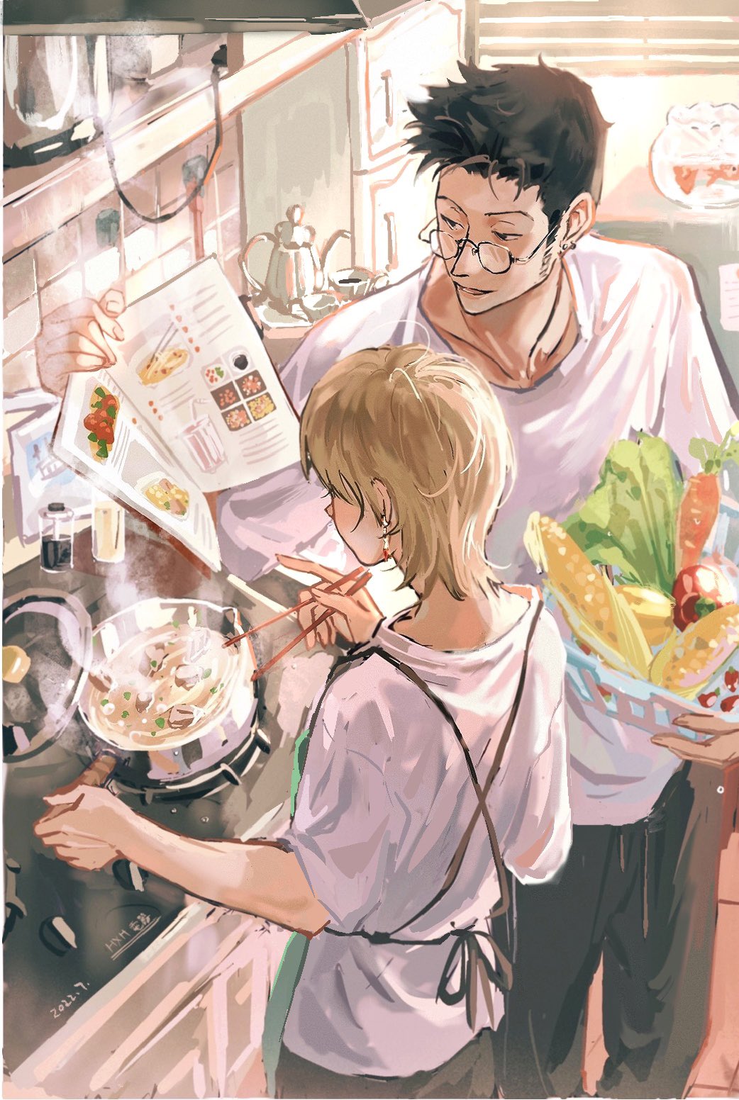 2boys 637_00e_seran apron basket black_hair black_pants blonde_hair book bottle cable carrot casual chopsticks cookbook cooking cooking_pot corn cup dated day earrings fish_tank food from_above glasses hand_up height_difference highres holding holding_book holding_chopsticks hunter_x_hunter indoors jewelry kettle kitchen kurapika leorio_paladiknight lid male_focus multiple_boys open_book pants pointing potato reading refrigerator round_eyewear shirt short_hair short_sleeves sideburns smile standing steam stove t-shirt teacup teapot tile_wall tiles vegetable white_shirt window_blinds