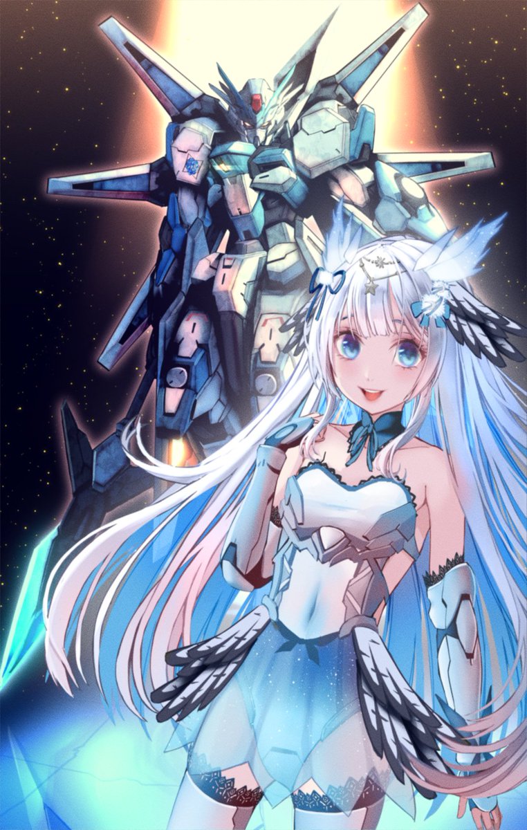 bare_shoulders blue_eyes choker collarbone commission feathers gauntlets hair_ornament hair_ribbon highres indie_virtual_youtuber long_hair looking_at_viewer mecha mikazuki_silvi motio666 open_mouth owl_ears owl_girl ribbon robot skeb_commission skirt space thigh-highs white_hair