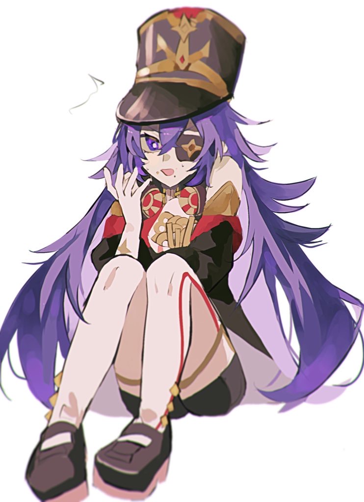 1girl anemonelove black_headwear boots chevreuse_(genshin_impact) commentary_request detached_sleeves eyepatch food french_fries genshin_impact gloves hand_up hat knees_up long_hair looking_at_viewer open_mouth puffy_sleeves purple_hair shako_cap simple_background sitting solo thigh_boots very_long_hair violet_eyes white_background white_footwear white_gloves