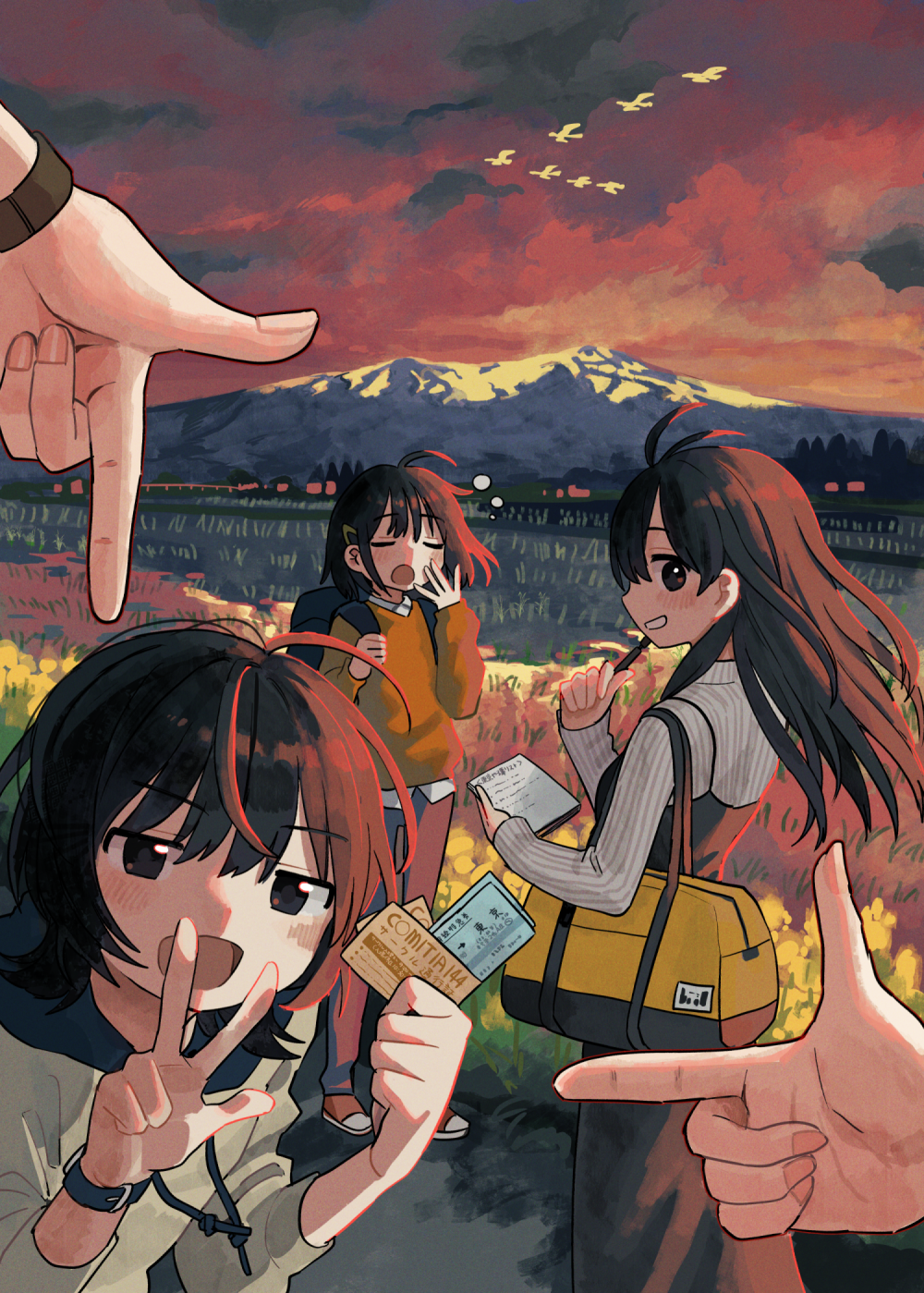 4girls ahoge antenna_hair backpack bag black_dress black_hair commentary_request dress evening field finger_frame highres holding holding_paper long_hair long_sleeves looking_at_viewer mountainous_horizon multiple_girls open_mouth orange_sky original outdoors paper pov ribbed_sweater short_hair shoulder_bag sky sleep_bubble smile standing sweater w white_sweater yawning zinbei