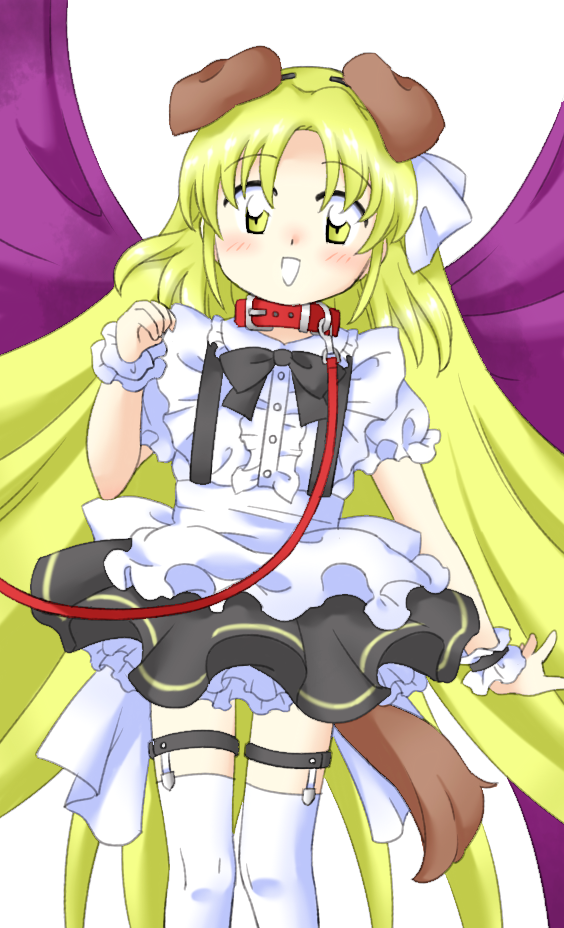 1girl :d animal_ears apron bat_wings black_bow black_bowtie black_skirt blonde_hair blush bow bowtie brown_tail buttons center_frills collar dog_ears dog_tail fake_animal_ears flat_chest floppy_ears frills hand_up kemonomimi_mode kurumi_(touhou) leash long_hair looking_at_viewer nonamejd official_style puffy_short_sleeves puffy_sleeves purple_wings red_collar shirt short_sleeves simple_background single_horizontal_stripe skirt smile solo standing suspender_skirt suspenders tail thigh-highs touhou touhou_(pc-98) very_long_hair waist_apron white_apron white_background white_shirt white_thighhighs wings yellow_eyes zun_(style)