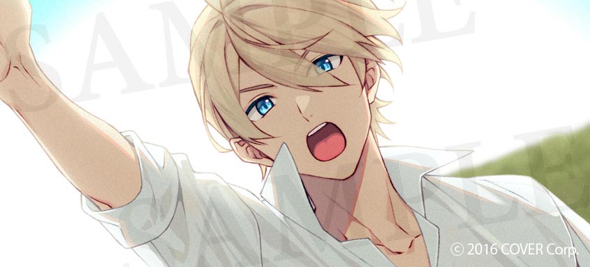 1boy arm_up blonde_hair blue_eyes blurry blurry_background collarbone copyright_notice day eyes_visible_through_hair hair_between_eyes holostars kishido_temma looking_at_viewer male_focus official_art onimoti popped_collar sample_watermark shirt short_hair sleeves_rolled_up solo teeth upper_body upper_teeth_only v-shaped_eyebrows virtual_youtuber watermark white_shirt