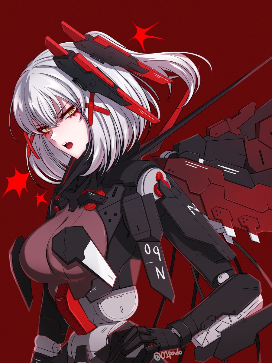 01pado_pado 1girl breasts cyborg grey_hair hair_ornament headgear highres joints mechanical_parts mechanical_wings medium_breasts medium_hair open_mouth punishing:_gray_raven red_background robot_joints rosetta_(punishing:_gray_raven) side_ponytail sidelocks solo teeth twitter_username upper_teeth_only wings x_hair_ornament
