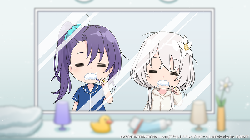 2girls :t =_= aqua_scrunchie arm_at_side assault_lily asymmetrical_bangs blue_pajamas brushing_teeth buttons chibi closed_eyes commentary_request covered_mouth crossed_bangs desk_lamp flower grey_hair hair_between_eyes hair_flower hair_ornament hair_scrunchie hand_up high_ponytail holding holding_toothbrush honma_akehi hood hood_down hooded_pajamas jewelry lamp light_blush long_hair long_sleeves low_twintails messy_hair mirror motion_lines multiple_girls official_art pajamas purple_hair reflection ring rubber_duck scrunchie shiozaki_suzume short_sleeves side_ponytail toothbrush toothpaste towel twintails upper_body vase white_flower white_pajamas
