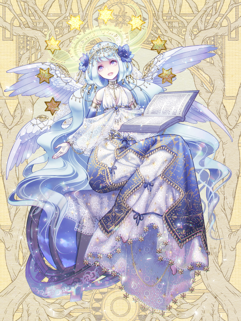 1girl :d angel_wings arabian_clothes armillary_sphere armlet bare_shoulders barefoot beads blue_bridal_gauntlets blue_flower blue_hair blue_skirt book breasts bridal_gauntlets circlet crop_top dairoku_ryouhei flower full_body gold_collar hair_beads hair_flower hair_ornament halo holding holding_book jewelry kawa_k3 lace-trimmed_skirt lace_trim light_blue_hair long_hair long_skirt looking_up low_twintails midriff multiple_wings necklace open_book oversized_object overskirt shawl shirt short_bangs sitting skirt sleeveless sleeveless_shirt small_breasts smile solo star_(symbol) teeth till_loewe twintails upper_teeth_only very_long_hair violet_eyes wavy_hair white_shawl white_shirt white_skirt white_wings wing_ornament wings yellow_background