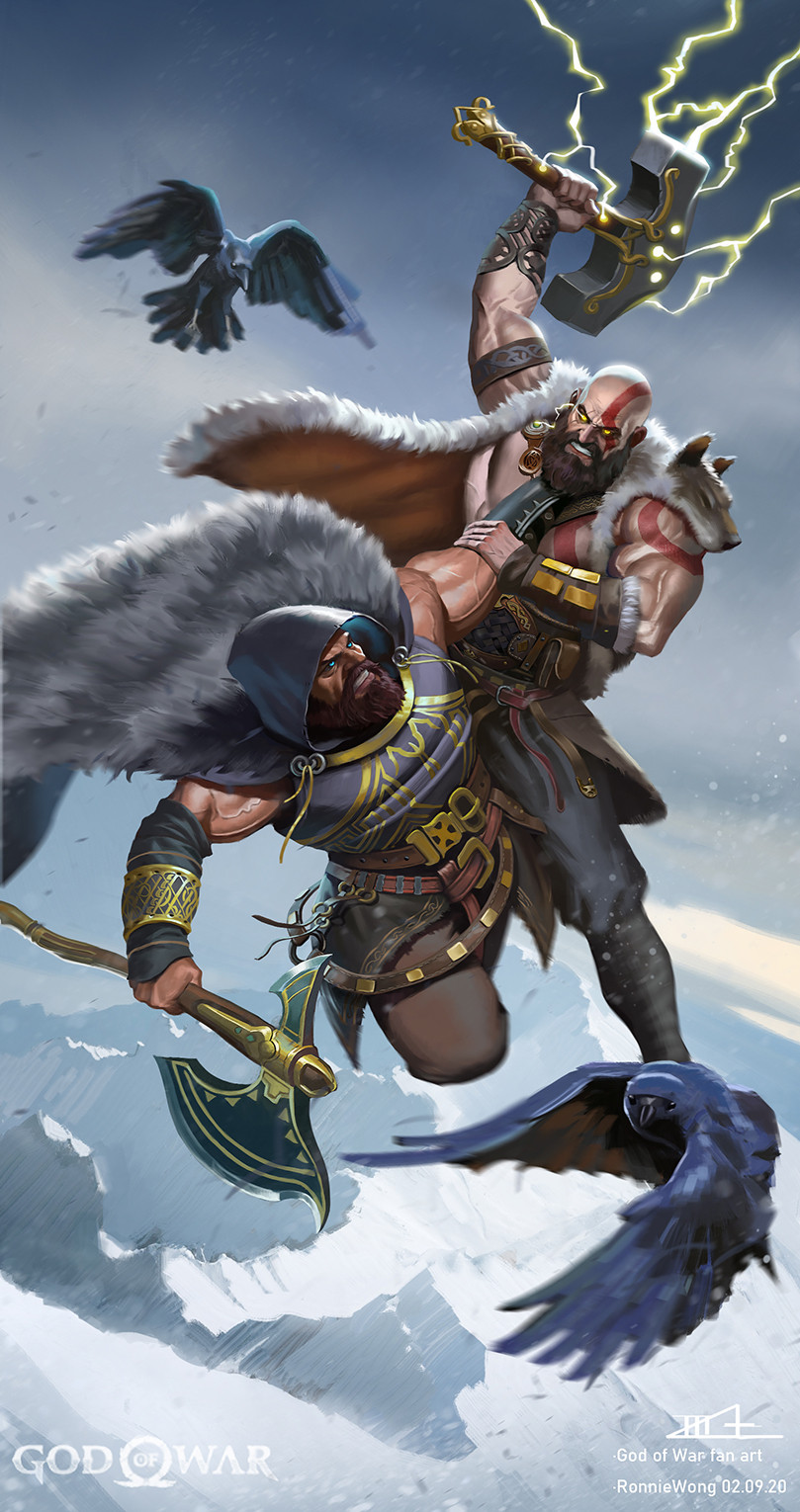 2boys axe bald bird cape clouds commentary crow english_commentary fighting fur-trimmed_cape fur_trim glowing glowing_eyes god_of_war_ragnarok hammer highres holding holding_axe hood hoodie kratos male_focus mountainous_horizon multiple_boys muscular muscular_male redhead ronniewang simple_background snow strangling thor_(god_of_war)