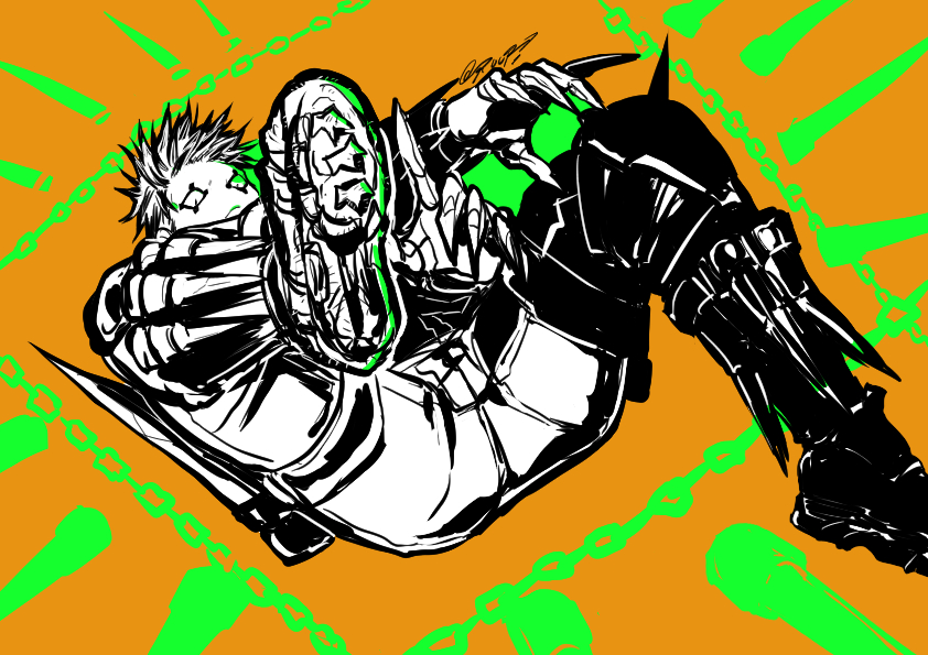 1boy blonde_hair boots claws climaxmukr colored_tips dorohedoro elbow_spikes facial_mark fighting_stance from_below looking_down male_focus multicolored_hair no_eyebrows risu_(dorohedoro) solo telekinesis